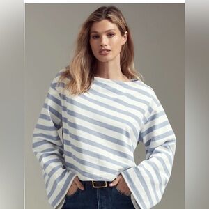 Maeve Light blue/lavender diagonal striped cropped top with bell sleeves, Sz S